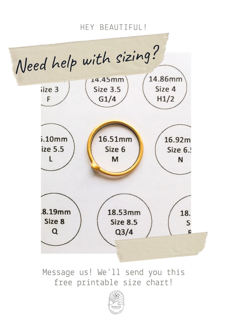 May include: A printable size chart for rings, with a gold ring in the center. The chart shows different ring sizes in millimeters and corresponding letter sizes. The text "Need help with sizing?" is at the top of the chart.