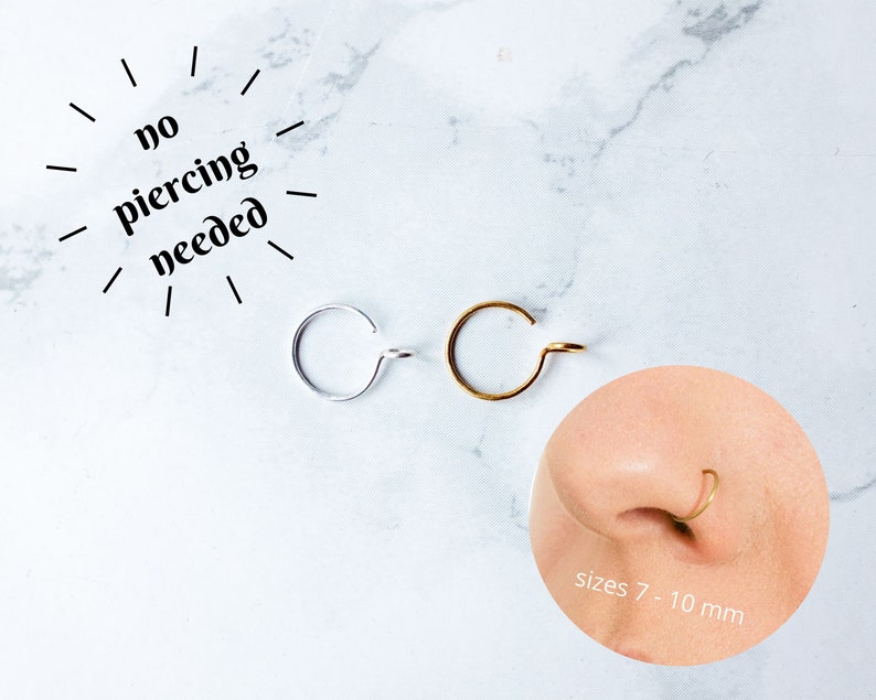 Fake Nose Ring with small Flaws, Clip on Nose Ring, Faux Nose Ring Hoop, Gold, Silver, Fake Piercing Set, Dainty Hoop Nose Rings image 2
