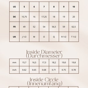May include: Size guide chart for rings, showing US, DE, FR, and UK ring sizes, along with the corresponding inside diameter and circumference in millimetres and inches.