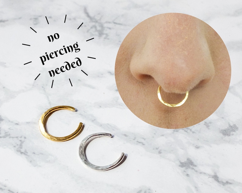 Silver Fake Septum Ring, Hammered Clip on Nose Ring, Gold Faux Nose Ring Hoop, Fake Piercing, No Piercing Nose Cuff, Cool Hoop Nose Rings image 1