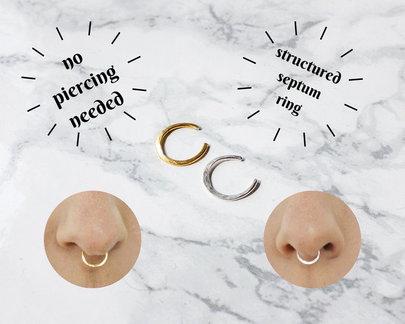 Silver Fake Septum Ring, Hammered Clip on Nose Ring, Gold Faux Nose Ring Hoop, Fake Piercing, No Piercing Nose Cuff, Cool Hoop Nose Rings image 2