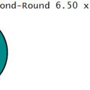 May include: A teal blue circle with the number 6.5 in black text. The text "Diamond-Round 6.50 x 6.50 x 4.00" is in black text to the right of the circle.