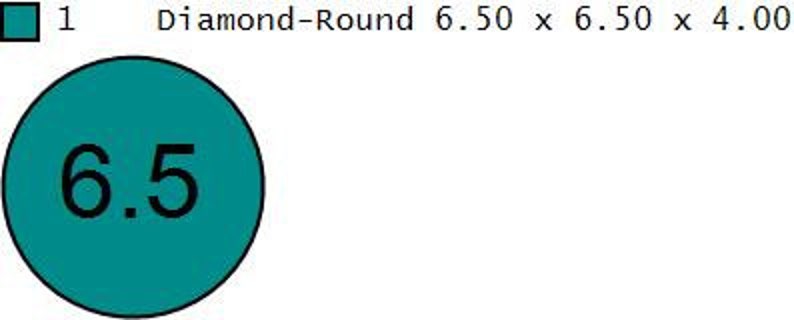 May include: A teal blue circle with the number 6.5 in black text. The text "Diamond-Round 6.50 x 6.50 x 4.00" is in black text to the right of the circle.