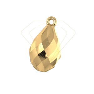 May include: A gold-colored pendant with a faceted, teardrop design. The pendant has a small loop at the top for attaching to a chain. The surface of the pendant is multi-faceted, creating a sparkling effect. The overall shape is a stylized teardrop.