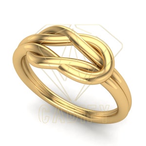 K&ouml;nnte beinhalten: Ein goldener Knotenring mit glatter, polierter Oberfl&auml;che. Der Ring ist mit zwei ineinander verschlungenen Schleifen gestaltet, die eine Knotenform bilden.