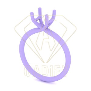 Puede incluir: Un anillo morado con un engaste de tres garras para una piedra preciosa. El anillo está hecho de un material liso y brillante.