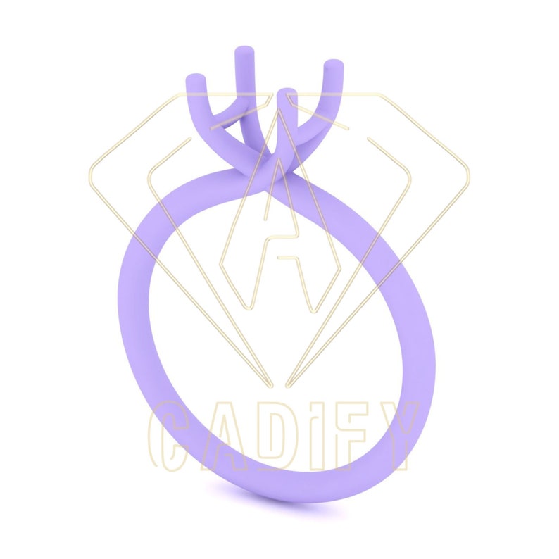 May include: A purple ring with a three-prong setting for a gemstone. The ring is made of a smooth, shiny material.