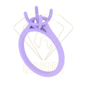 Könnte beinhalten: Eine violette Kunststoff-Ringfassung für einen Solitär-Diamanten. Die Fassung hat vier Krappen, um den Stein zu halten.