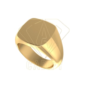 May include: A gold signet ring with a square face. The ring has a polished finish and a rounded band. The ring is shown against a white background.