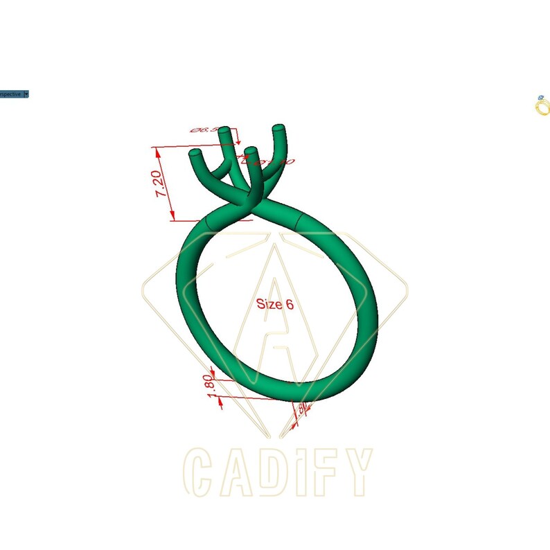 May include: A green 3D model of a ring with a unique prong setting. The ring is sized 6 and measures 1.80 inches in diameter and 0.72 inches in height.