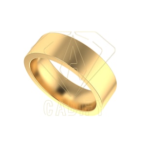 Puede incluir: Un anillo dorado con una banda plana y ancha. El anillo tiene una superficie lisa y pulida y un diseño simple y minimalista. El anillo probablemente está hecho de oro o metal dorado.