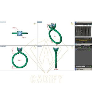 May include: A 3D rendering of a solitaire engagement ring with a round diamond. The ring is shown in three different views: top, side, and front. The ring is made of white gold and has a simple band. The diamond is set in a prong setting. The ring is size 6.