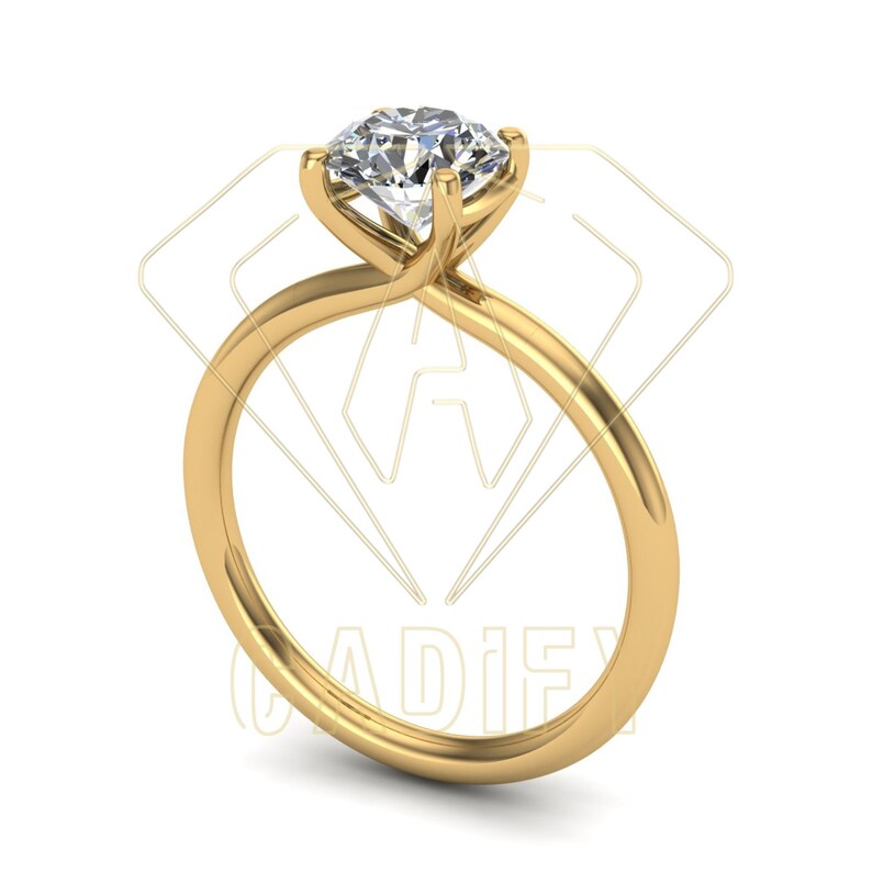 May include: A gold engagement ring with a single round diamond set in a four-prong setting.