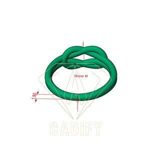 K&ouml;nnte beinhalten: Ein gr&uuml;ner Knotenring mit der Aufschrift Gr&ouml;&szlig;e 6. Der Ring hat einen Durchmesser von 1,80 Zoll.