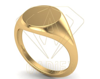 Könnte beinhalten: Ein goldener Siegelring mit einer glatten, ovalen Oberseite. Der Ring ist aus poliertem Metall und hat ein klassisches Design.