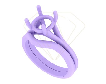 Anillo de compromiso con engaste de puntas y banda STL / Archivos CAD de vástago dividido de corte redondo