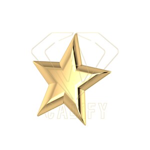 May include: A gold-colored, five-pointed star. The star has a smooth, reflective surface and is set against a white background. The star's points are sharp and well-defined, giving it a three-dimensional appearance.