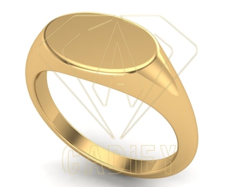 Könnte beinhalten: Ein goldener Siegelring mit einer glatten, ovalen Oberseite. Der Ring ist aus poliertem Metall und hat ein klassisches Design.