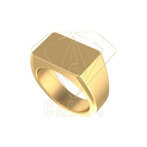 May include: A gold-colored signet ring with a rectangular top. The ring has a smooth, polished finish and a classic, minimalist design. The ring is shown against a white background.