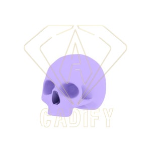 Op de afbeelding: Een paarse schedel sculptuur met een diamantvorm erachter. Het woord "CADIFY" staat onder de schedel.