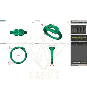 K&ouml;nnte beinhalten: Eine 3D-Darstellung eines Knotenringdesigns in Gr&uuml;n. Der Ring wird in verschiedenen Ansichten gezeigt, darunter eine Seitenansicht, eine Draufsicht und eine perspektivische Ansicht. Der Ring ist mit der Gr&ouml;&szlig;e "6" und dem Text "CADIFY" beschriftet.