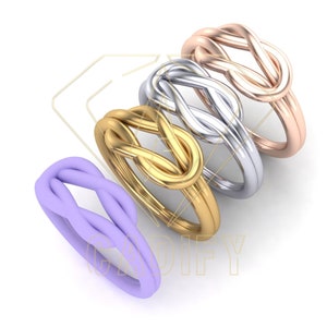 K&ouml;nnte beinhalten: Vier Ringe mit einem Knotendesign. Die Ringe sind in verschiedenen Farben: lila, gold, silber und ros&eacute;gold.