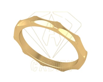 May include: A gold band ring with a textured, ridged design. The ring is simple and elegant.