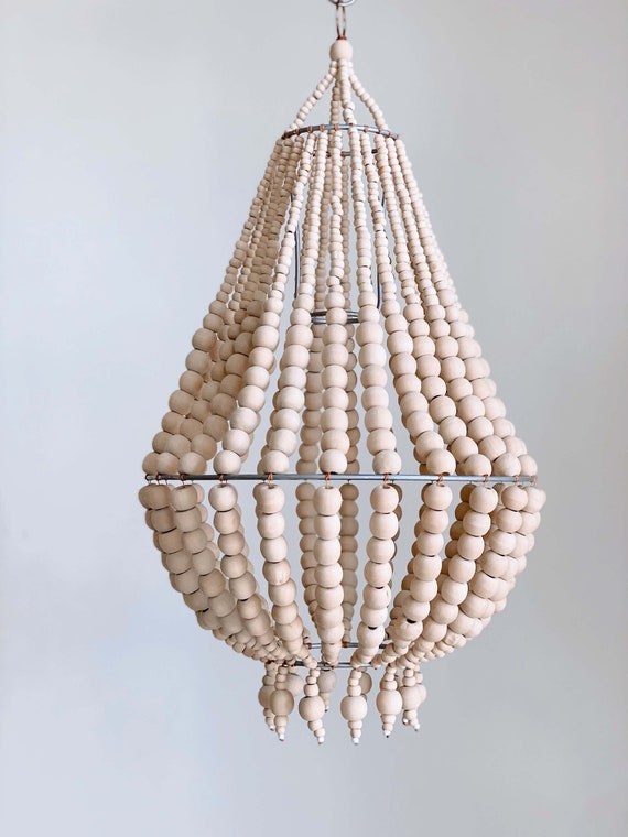 Handbeaded Boho Wooden Bead Lighting Fixture Chandelier Etsy