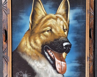 Vintage Black Velvet German Sheppard  Painting Made in Mexico