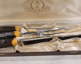Vintage GLO-HILL Stag Antler  Carving Set Knife Fork, 3 pc Set, Boxed, Canada. F3
