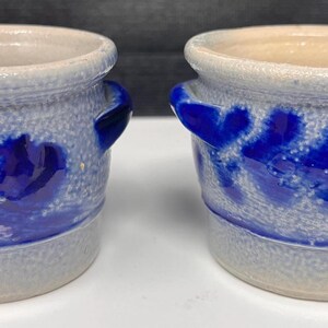 German Salt Glazed Flow Blue Pot, Antique Bavarian Crock Jar Salt/Condiments/Jam Jar, Cobalt Blue Glaze Set of 2. S1