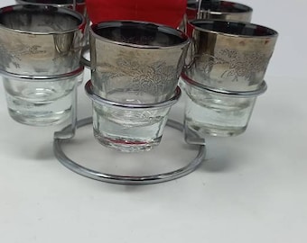 Vintage Set of 6 Ombre Silver Shot Glasses with  Chrome Caddy