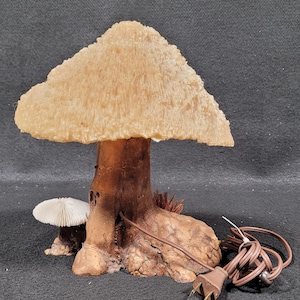 May include: A whimsical mushroom-shaped lamp with a textured, light beige cap and a brown, tree-like stem. A smaller white mushroom is at the base. The lamp has a brown power cord and plug, perfect for adding a touch of nature-inspired decor.