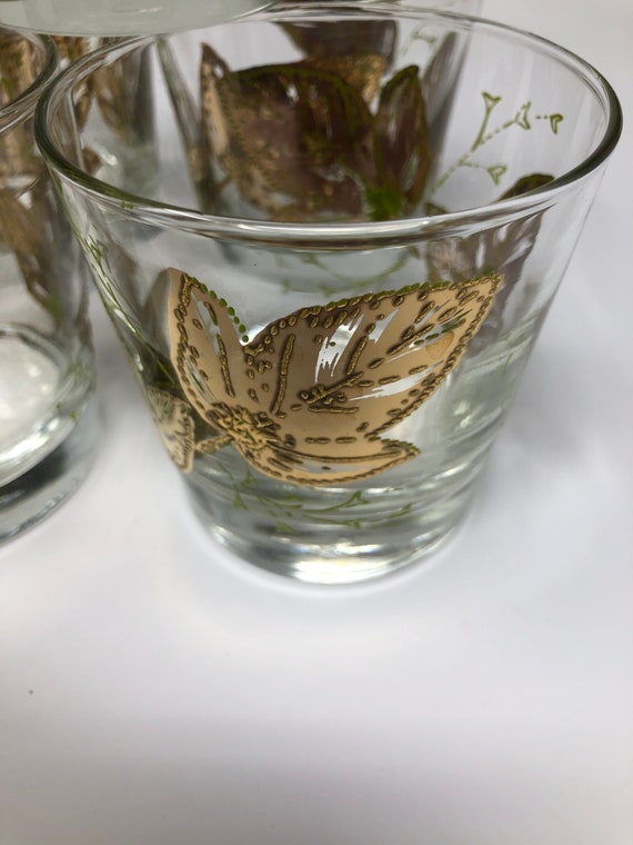 Vintage Gold & Green Leaves Low Ball Drinking Glasses Set of 5. 