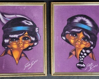 Vintage storögd inhemsk pojke och flicka på sammet inramad tavla set om 2