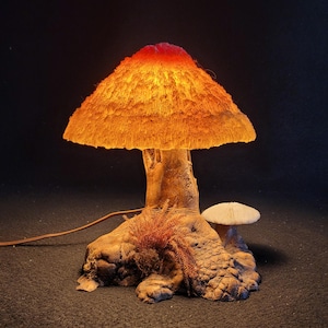 May include: A unique mushroom-shaped lamp with a textured, glowing orange lampshade. The base is made of natural wood, with a small white mushroom accent. The lamp is plugged in, and the cord is visible. The overall design is whimsical and artistic.