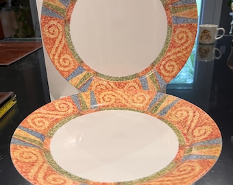 Corelle Sand Art Dinner Plates Set of 2 Coral Blue & Green Geometric Pattern Retired. F3