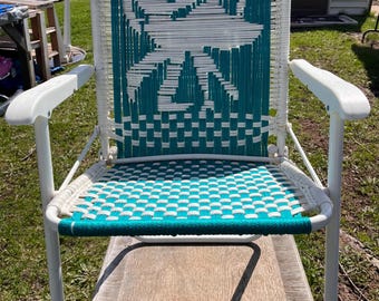 Vintage Macrame Lawn Chair with a Dancing Couple Silhouette  Retro Patio Chair