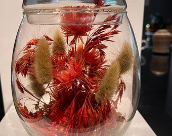 Vintage Dried  Artificial Flowers In Egg Shaped Terrarium Autumnal Glass Made in Canada