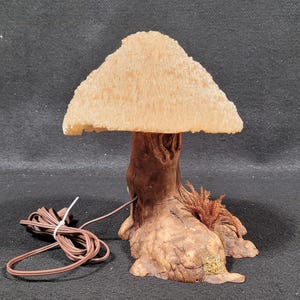 May include: A whimsical mushroom-shaped lamp with a textured, beige lampshade and a brown, tree-trunk-like base. The lamp has a brown power cord. The lamp is designed to resemble a mushroom.
