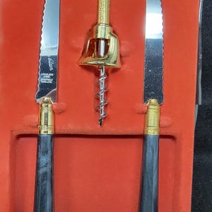 MCM Cheese Knife Brass Corkscrew Set Connoisseurs Choice By Pierre Alain 1960s Barware NIB. S4