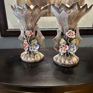 Vintage  Floral Rose Porcelain Vase  14” tall  Made In Italy Price is for 2