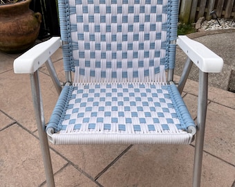 Vintage Hand Woven Macrame Aluminum  Folding Lawn Chair MCM Blue White