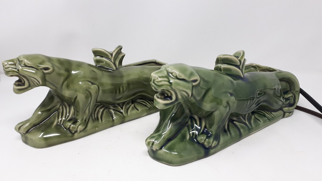 Retro Midcentury T.V. Lamp Green Panther With Planter Set of 2 Etsy