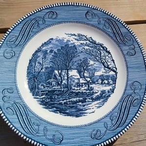 Vintage Royal Currier and Ives Blue/White The Old Grist Mill 10&quot; Dinner Plates Dish Made in England