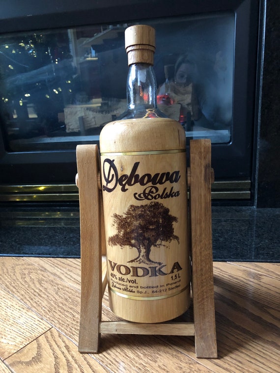 Collectors Debowa Polska Polish Vodka Wood and Glass Bottle on a Moving Cradle