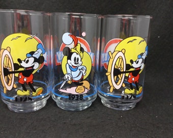 Vintage Disney Mickey Mouse 1928-1988 Glasses Set of 3