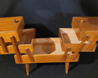 Vintage Sewing Basket Accordian Style  Wood