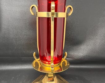 Brass Sanctuary Lamp with Red Glass Globe  Sudbury Brass Alter Candle Holder. F3