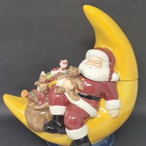 Barattolo per biscotti vintage Babbo Natale che dorme sulla luna David Carter Brown